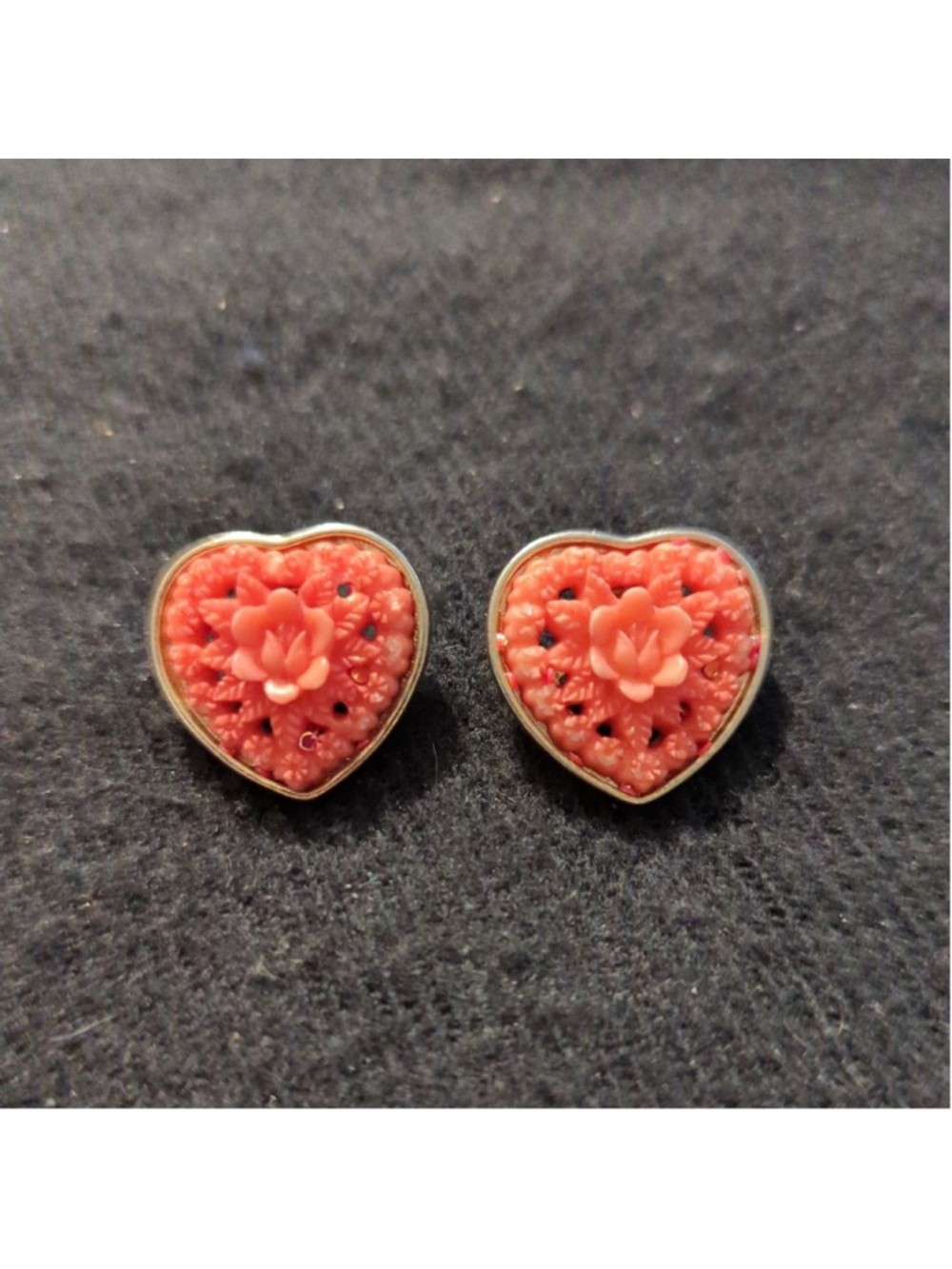 Silver Tone Pink Heart Shape Rose Flower Floral Stud Statement Earrings